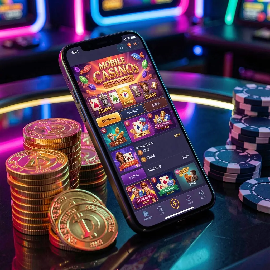 KL777 mobile casino dashboard on smartphone displaying colorful gaming interface with golden coins and poker chips on a glossy table under elegant neon lighting