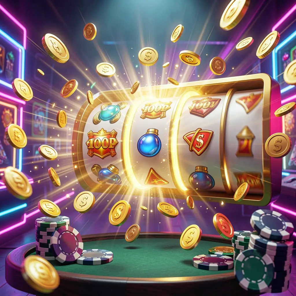 KL777 online casino free spins bonus concept featuring colorful slot machine reels spinning with golden light effects, flying coins, jackpot symbols, and casino chips on a vibrant neon background in a dynamic 3D render