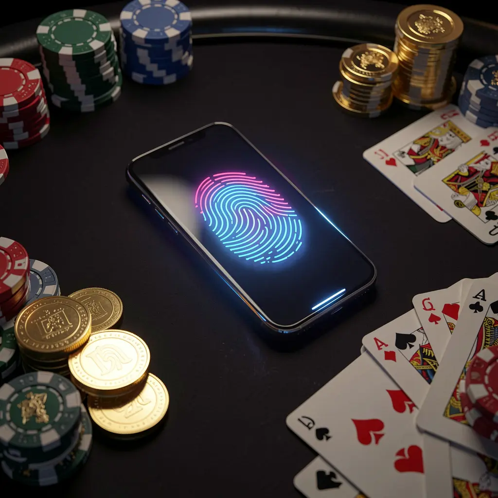 KL777 online casino authentication concept showing a phone with fingerprint scan glow on a premium black table surrounded by poker chips, golden coins, and playing cards in a cinematic 3D render