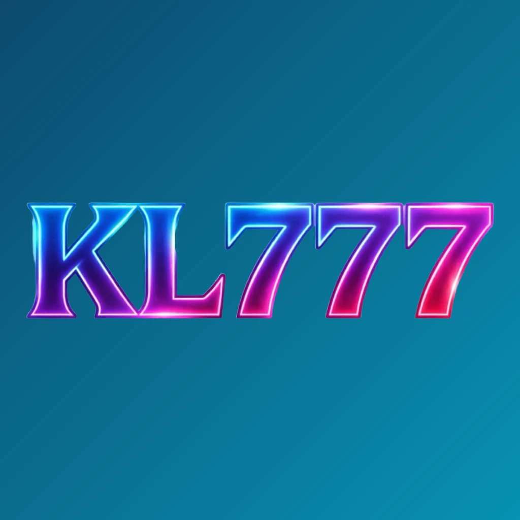 Colorful KL777 gaming logo with extra bold block letters in electric blue, purple, and pink neon gradients, featuring dynamic glowing effects on a transparent background, designed as a wide horizontal rectangular wordmark for website header