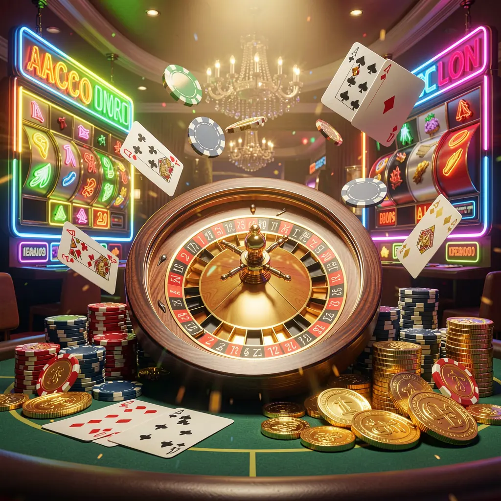 KL777 casino homepage visual featuring a dynamic composition of jackpot lights, a roulette wheel, poker chips, playing cards, and golden coins with bright neon glow in a realistic 3D render